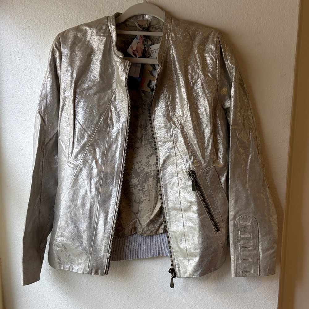 Doma Metallic Learher Silver Bomber Jacket